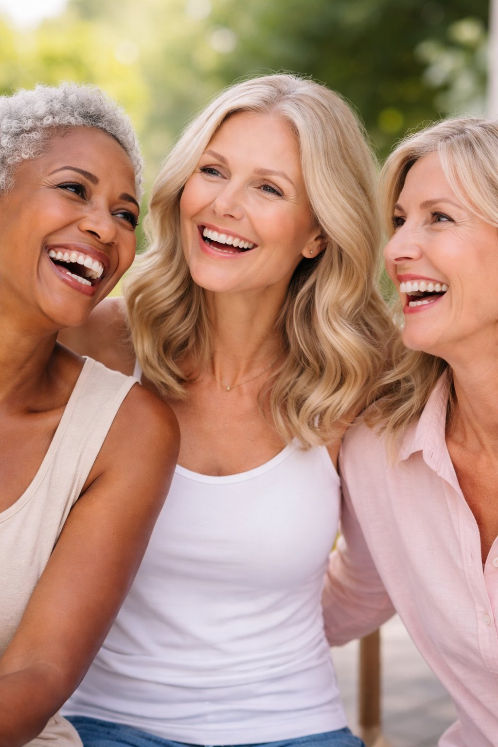 Three women with healthy glowing skin laughing outdoors