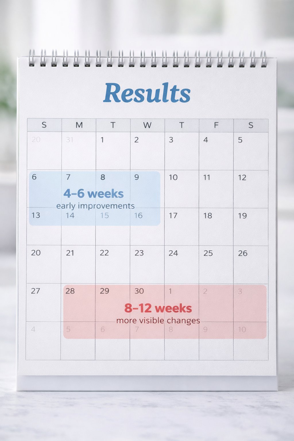 Calendar showing collagen results timeline — 4-6 weeks early improvements, 8-12 weeks visible changes