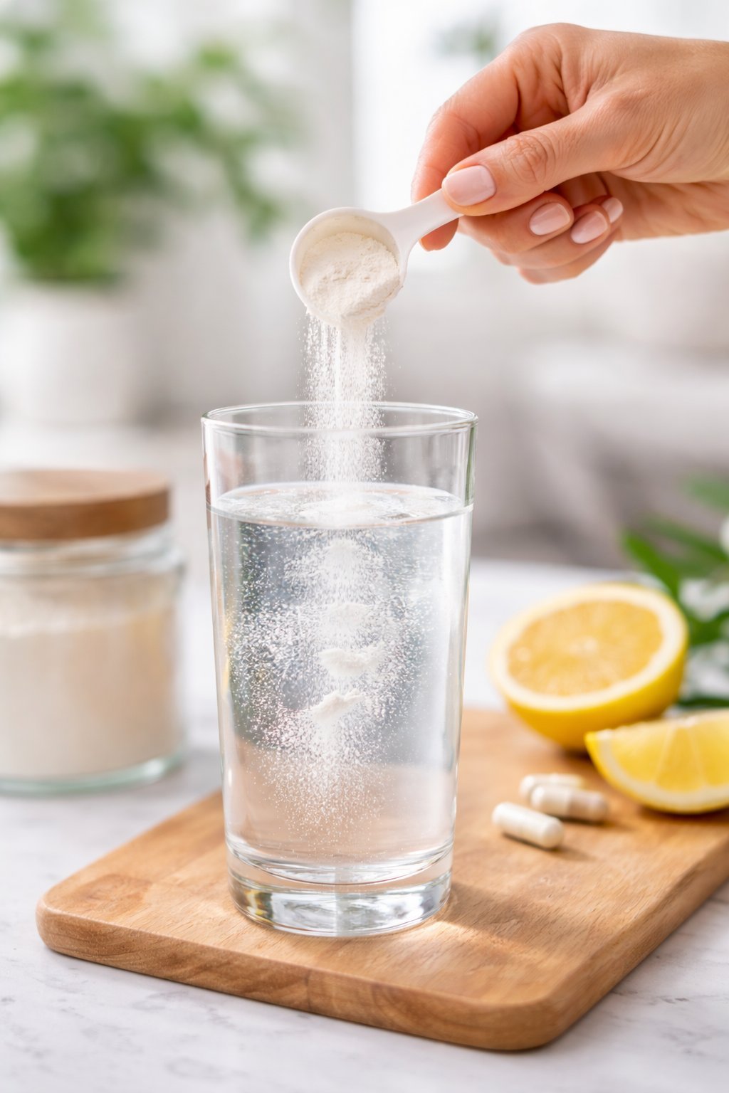 Person mixing collagen powder into a glass of water with lemon
